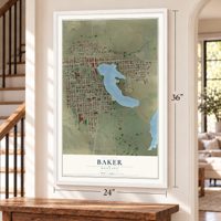 Baker, Montana map, 24 x 36 inch print in a white frame by a staircase