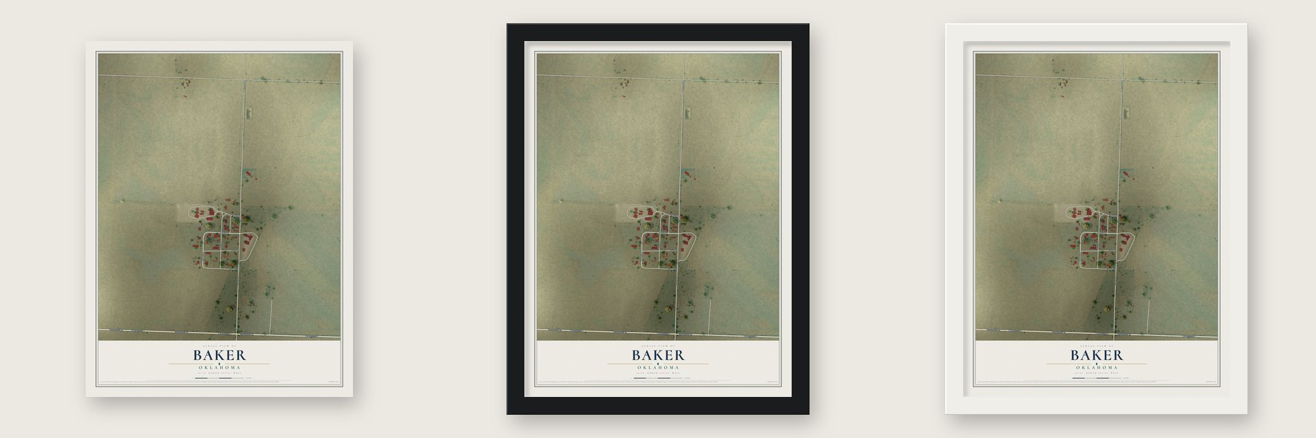 Baker, Oklahoma map unframed, in a black wood frame and in a white wood frame