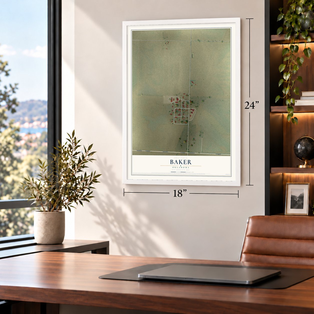 Baker, Oklahoma map, 18 x 24 inch print in a white frame in a home office