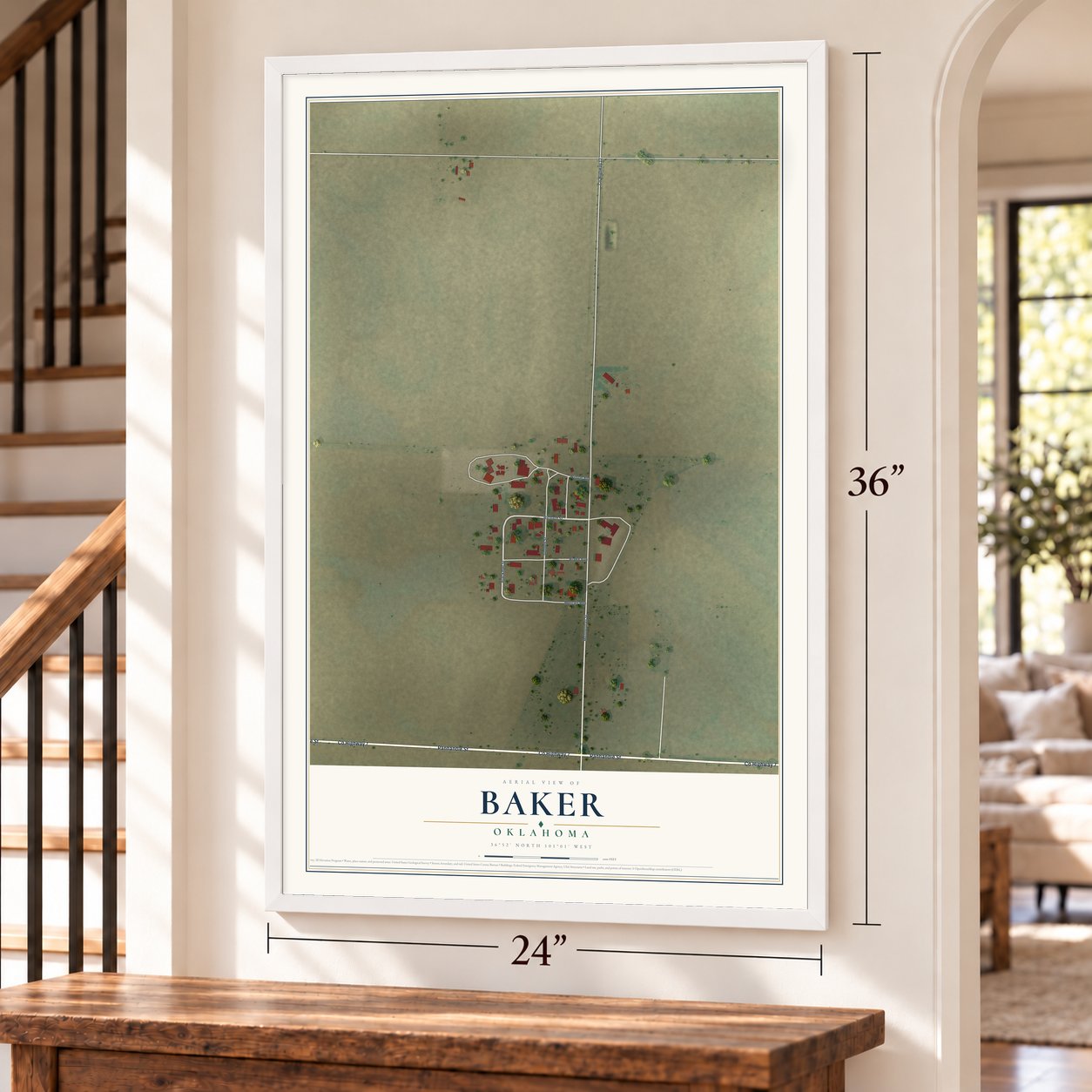 Baker, Oklahoma map, 24 x 36 inch print in a white frame by a staircase