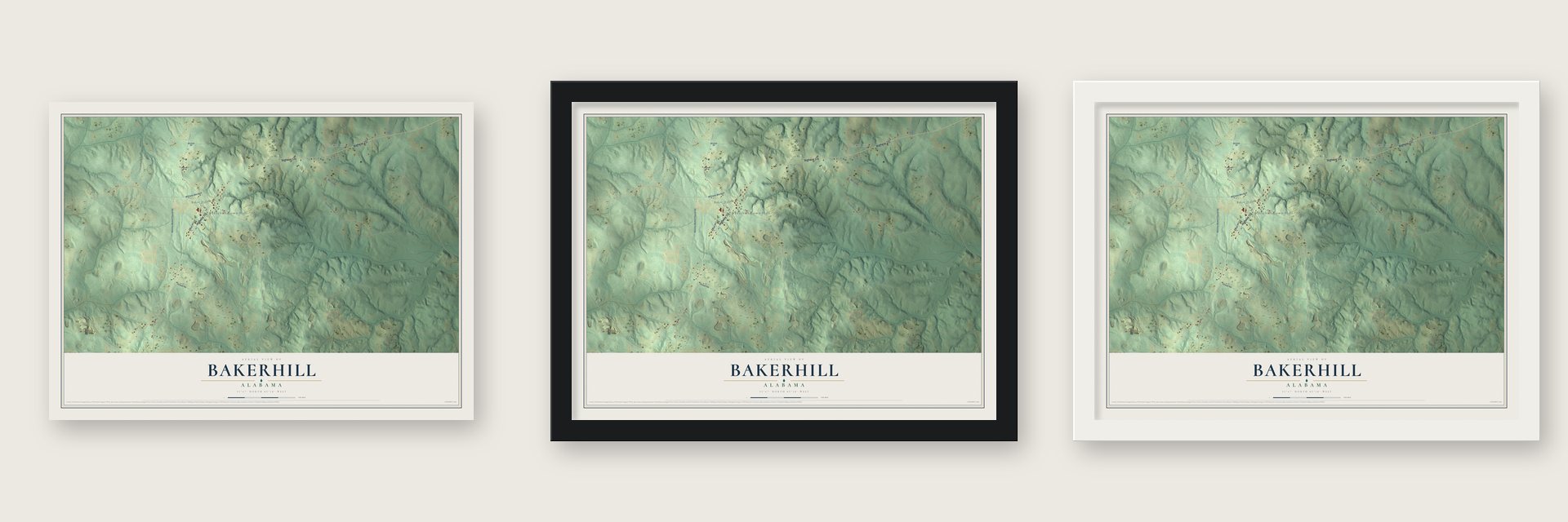 Bakerhill, Alabama map unframed, in a black wood frame and in a white wood frame