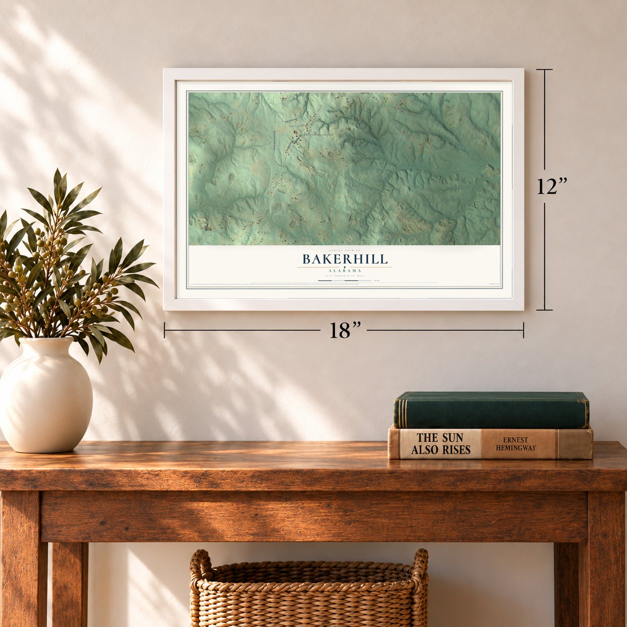 Bakerhill, Alabama map, 12 x 18 inch print in a white frame in an entryway