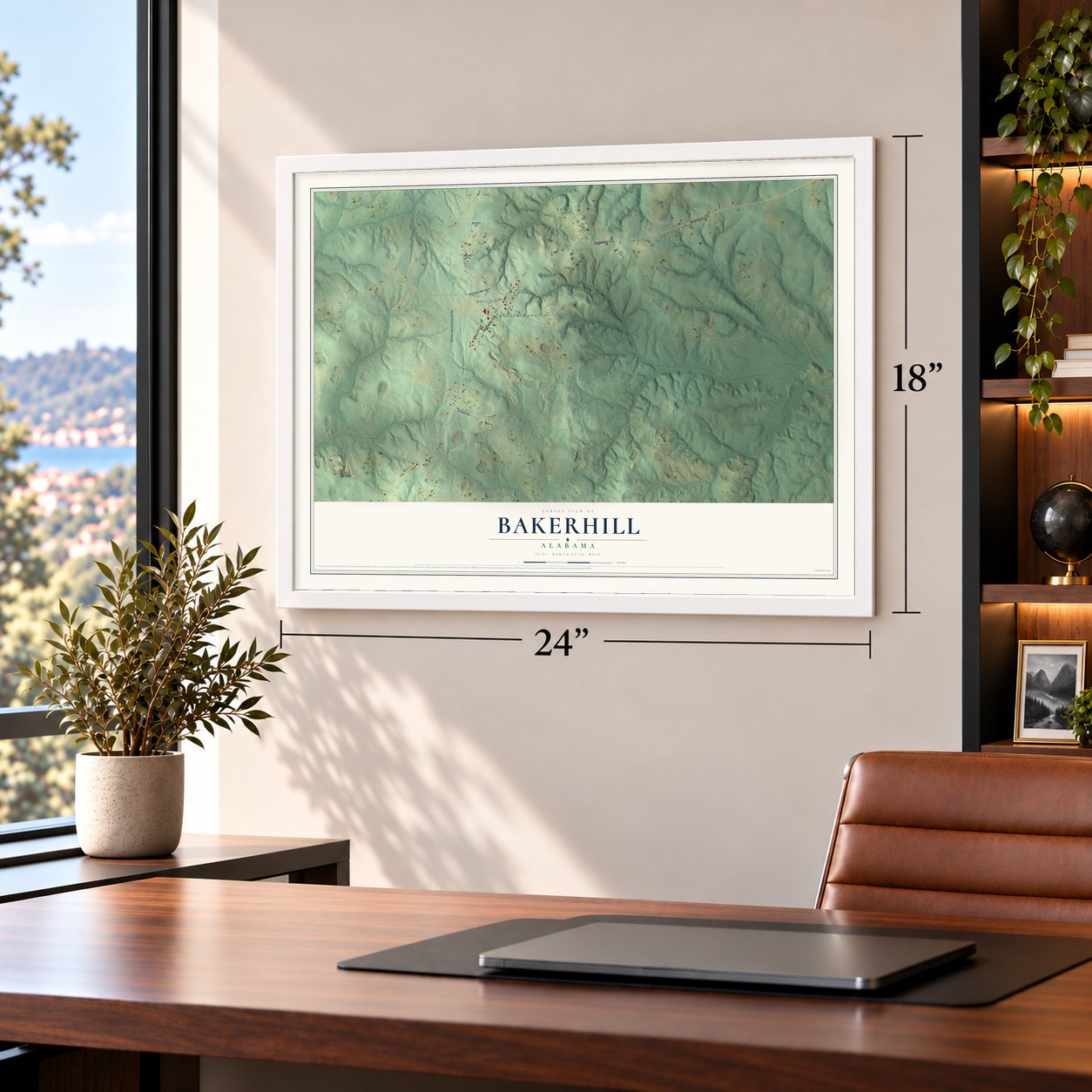 Bakerhill, Alabama map, 18 x 24 inch print in a white frame in a home office