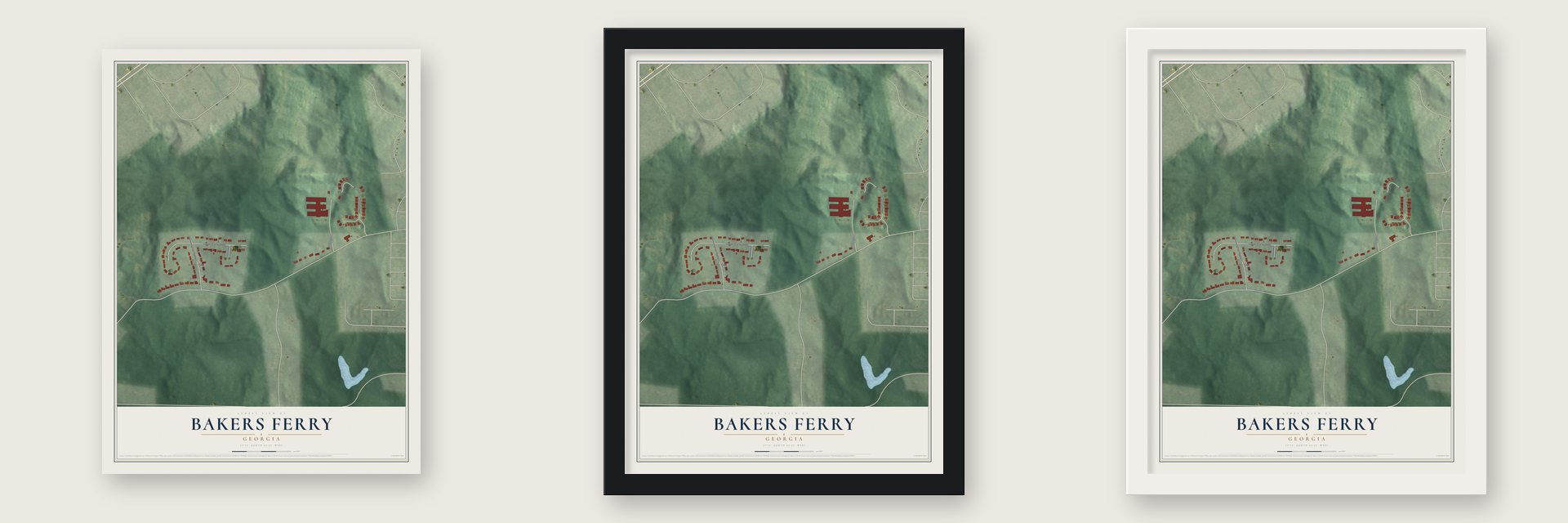 Bakers Ferry, Georgia map unframed, in a black wood frame and in a white wood frame