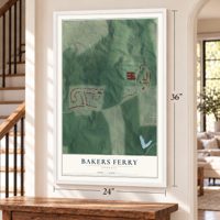 Bakers Ferry, Georgia map, 24 x 36 inch print in a white frame by a staircase