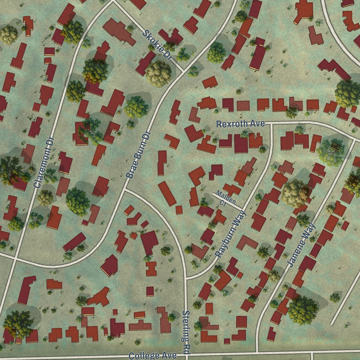 Second close-up of the map of Bakersfield Country Club, California print showing more streets and buildings