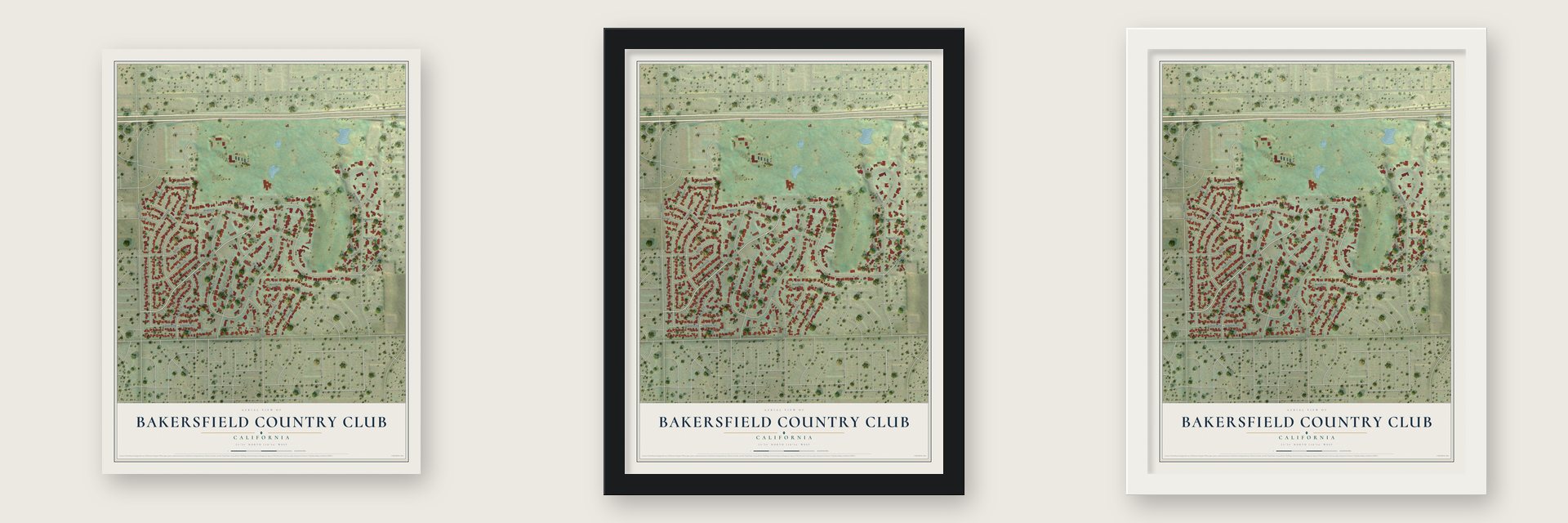 Bakersfield Country Club, California map unframed, in a black wood frame and in a white wood frame