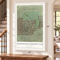 Bakersfield Country Club, California map, 24 x 36 inch print in a white frame by a staircase