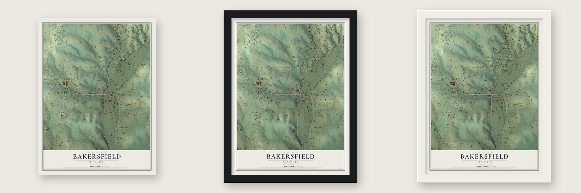 Bakersfield, Missouri map unframed, in a black wood frame and in a white wood frame