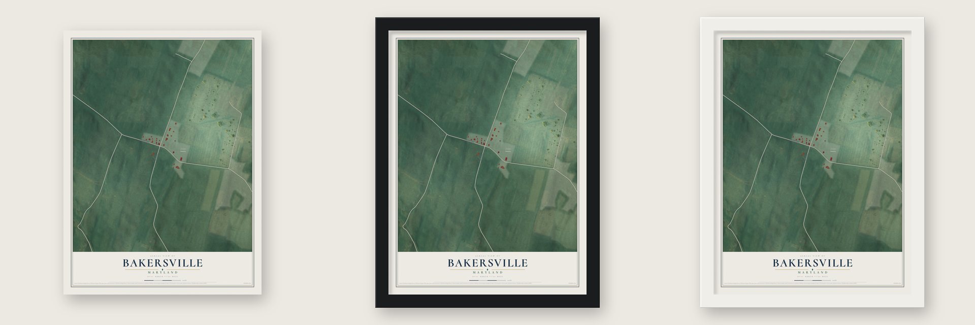Bakersville, Maryland map unframed, in a black wood frame and in a white wood frame
