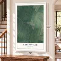 Bakersville, Maryland map, 24 x 36 inch print in a white frame by a staircase