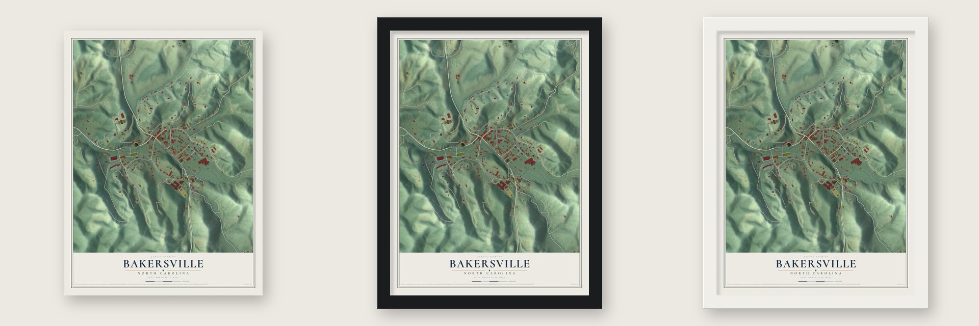 Bakersville, North Carolina map unframed, in a black wood frame and in a white wood frame