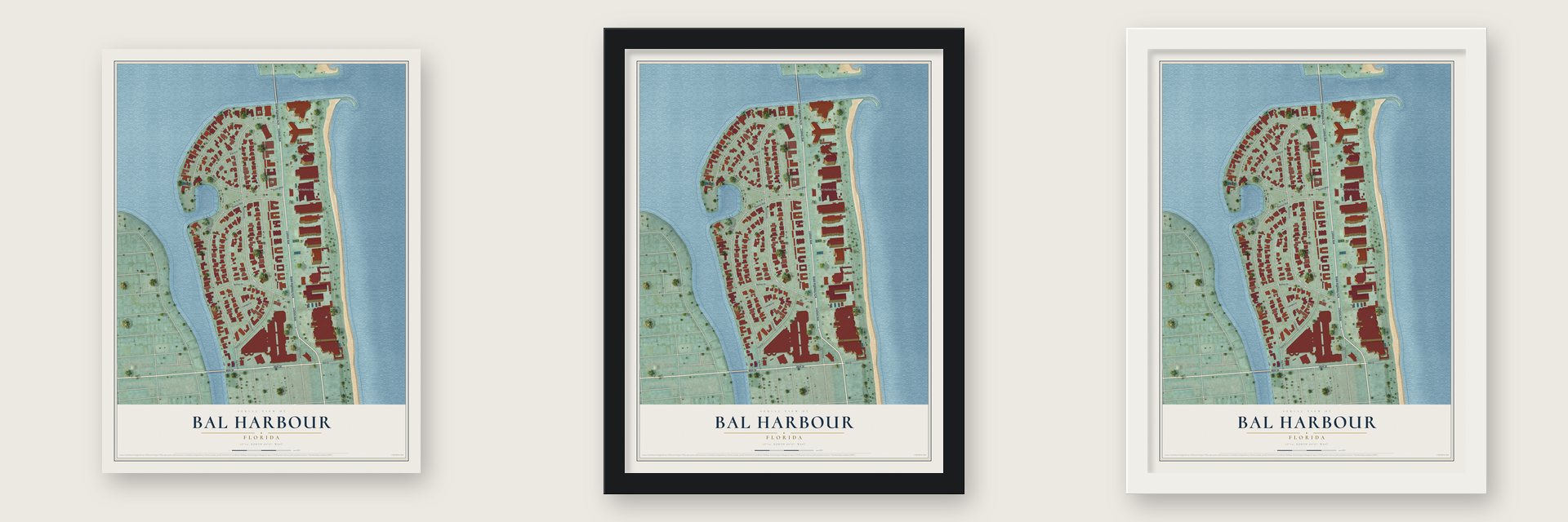 Bal Harbour, Florida map unframed, in a black wood frame and in a white wood frame