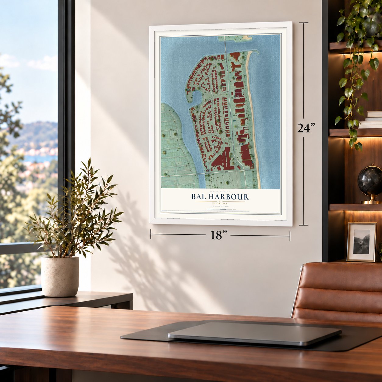 Bal Harbour, Florida map, 18 x 24 inch print in a white frame in a home office