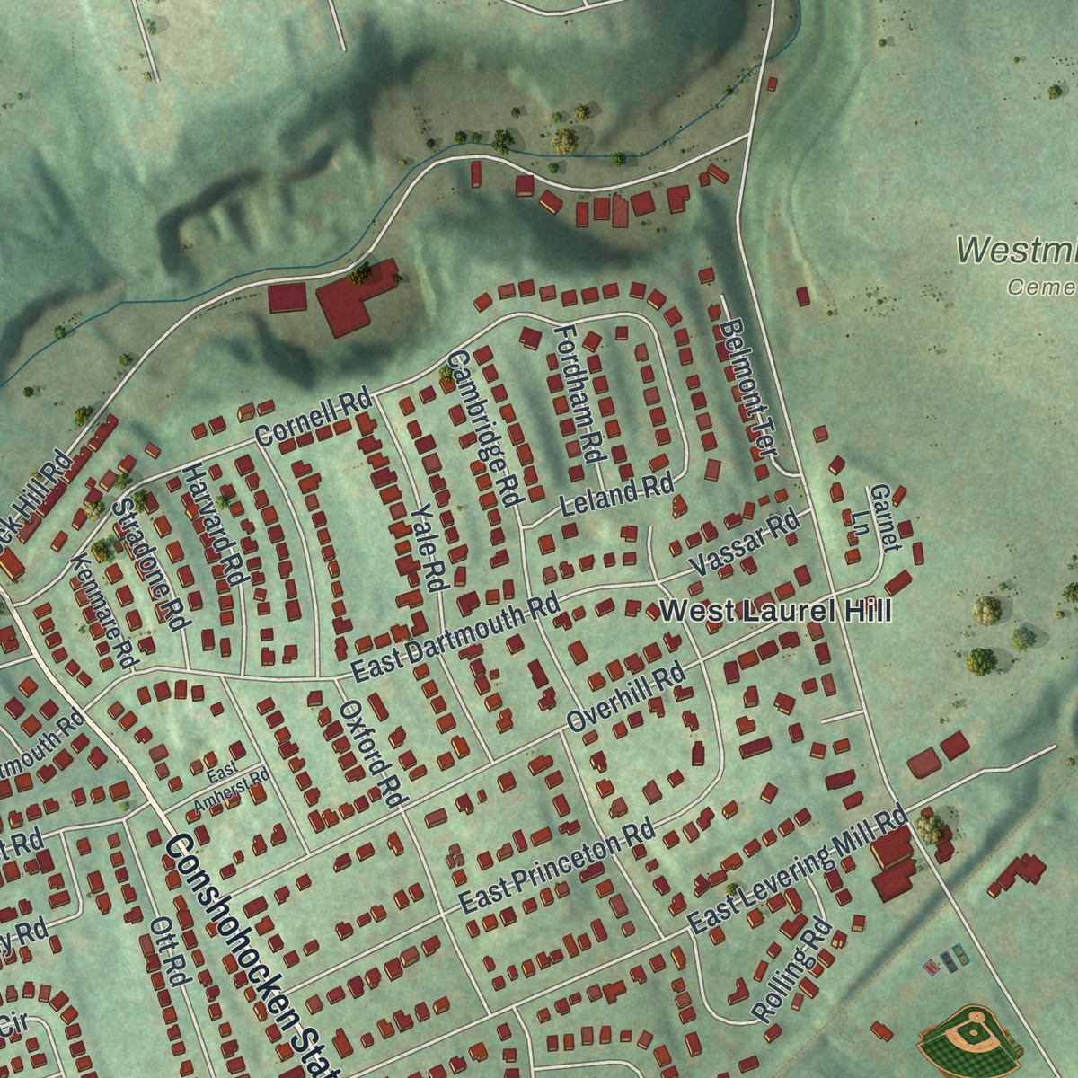 Second close-up of the map of Bala Cynwyd, Pennsylvania print showing more streets and buildings