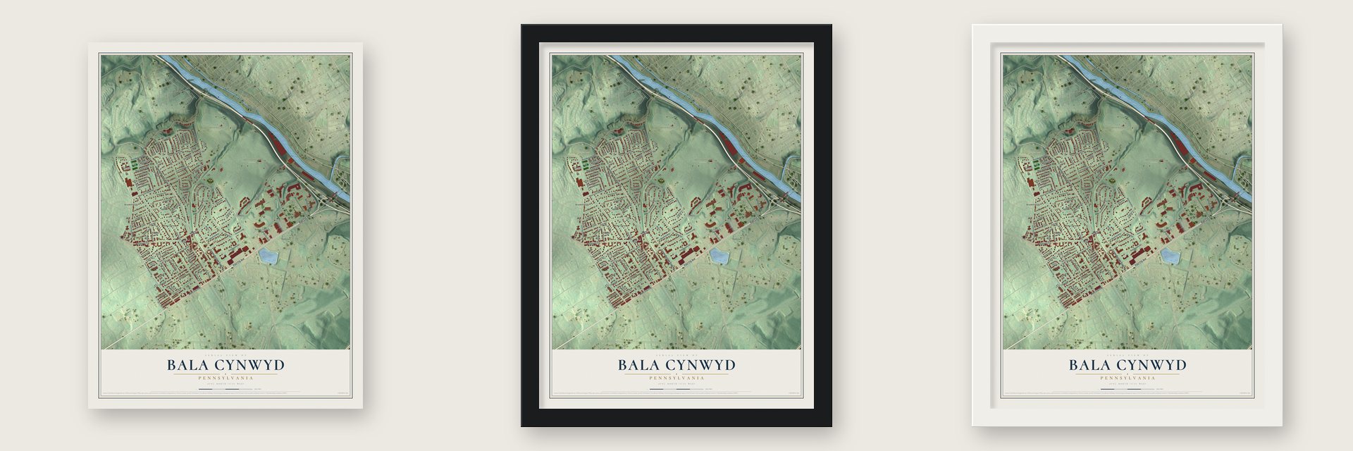 Bala Cynwyd, Pennsylvania map unframed, in a black wood frame and in a white wood frame