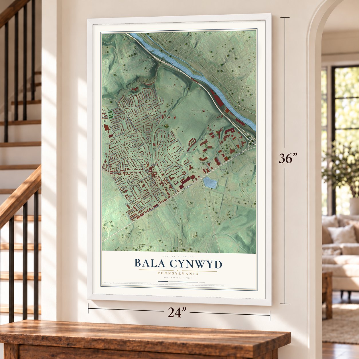 Bala Cynwyd, Pennsylvania map, 24 x 36 inch print in a white frame by a staircase