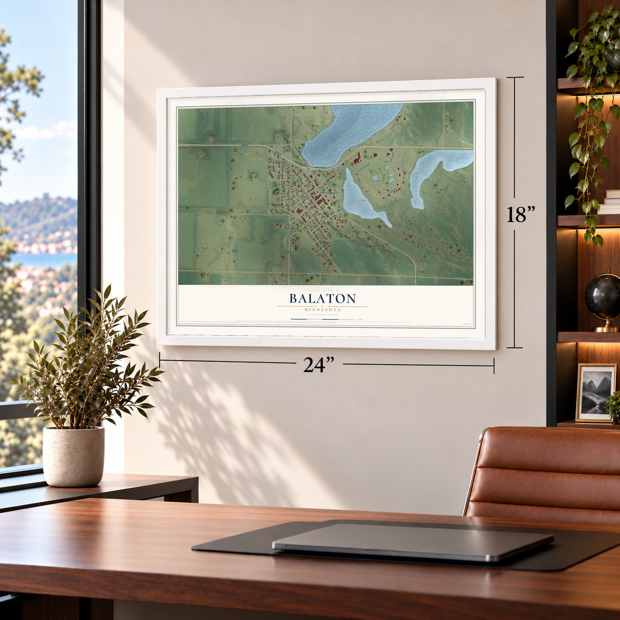 Balaton, Minnesota map, 18 x 24 inch print in a white frame in a home office