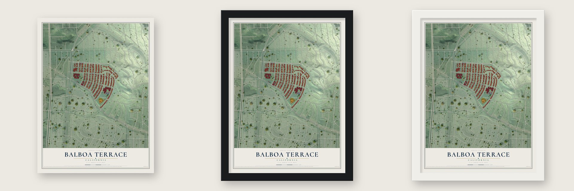 Balboa Terrace, California map unframed, in a black wood frame and in a white wood frame