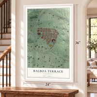 Balboa Terrace, California map, 24 x 36 inch print in a white frame by a staircase
