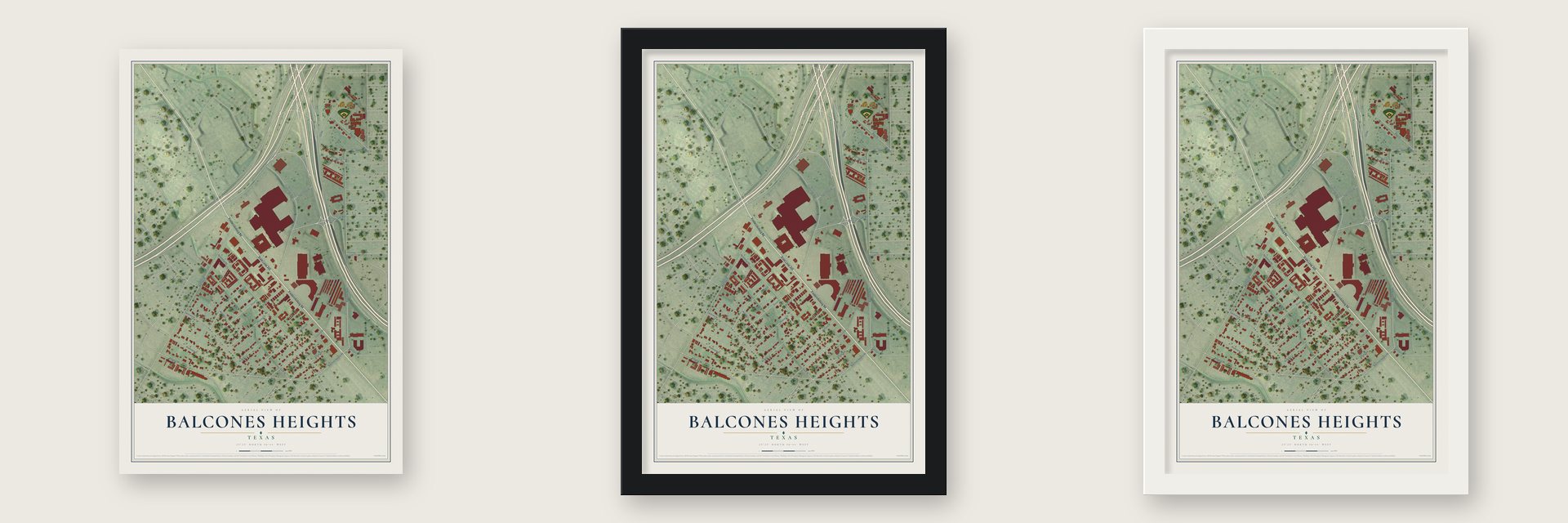Balcones Heights, Texas map unframed, in a black wood frame and in a white wood frame