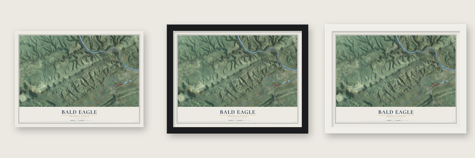 Bald Eagle, Pennsylvania map unframed, in a black wood frame and in a white wood frame