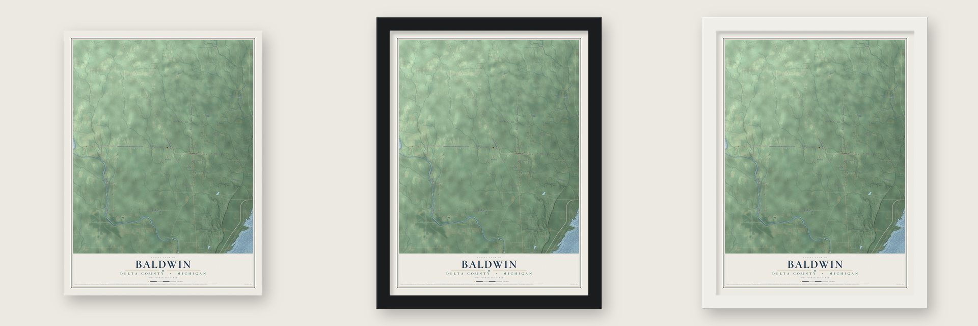 Baldwin, Delta County, Michigan map unframed, in a black wood frame and in a white wood frame