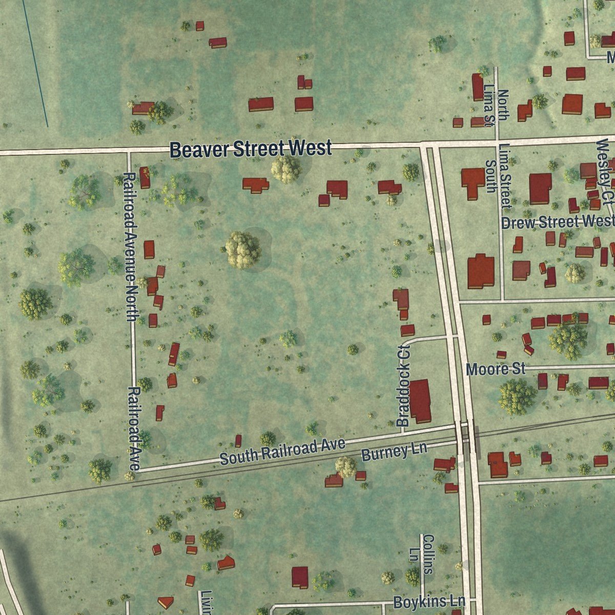 Second close-up of the map of Baldwin, Florida print showing more streets and buildings