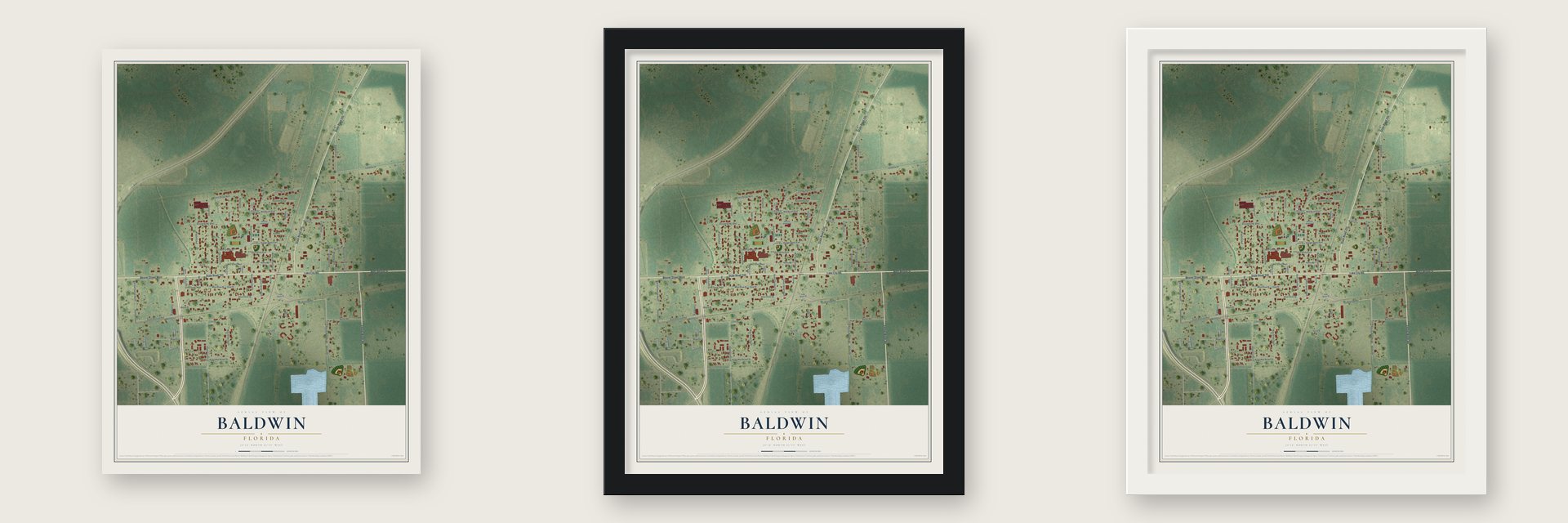 Baldwin, Florida map unframed, in a black wood frame and in a white wood frame