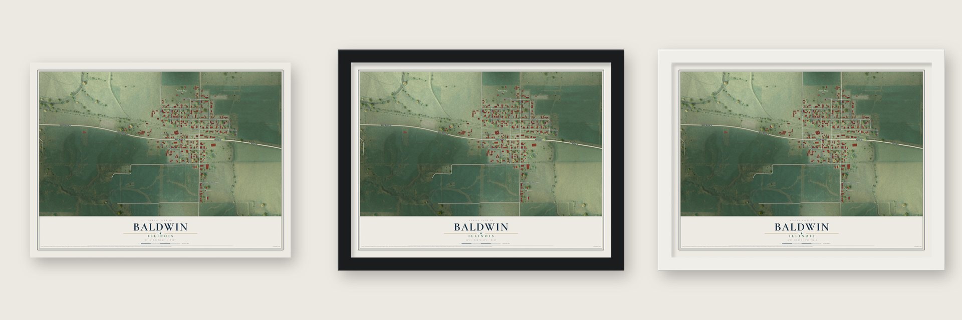 Baldwin, Illinois map unframed, in a black wood frame and in a white wood frame