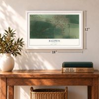 Baldwin, Illinois map, 12 x 18 inch print in a white frame in an entryway