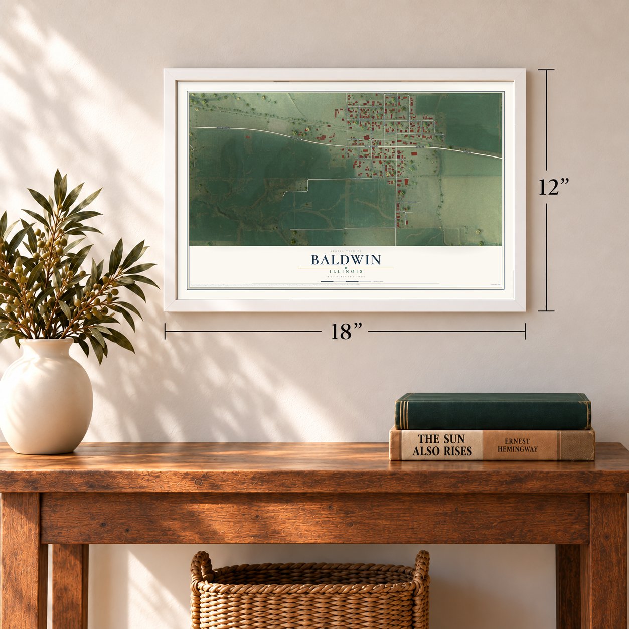Baldwin, Illinois map, 12 x 18 inch print in a white frame in an entryway