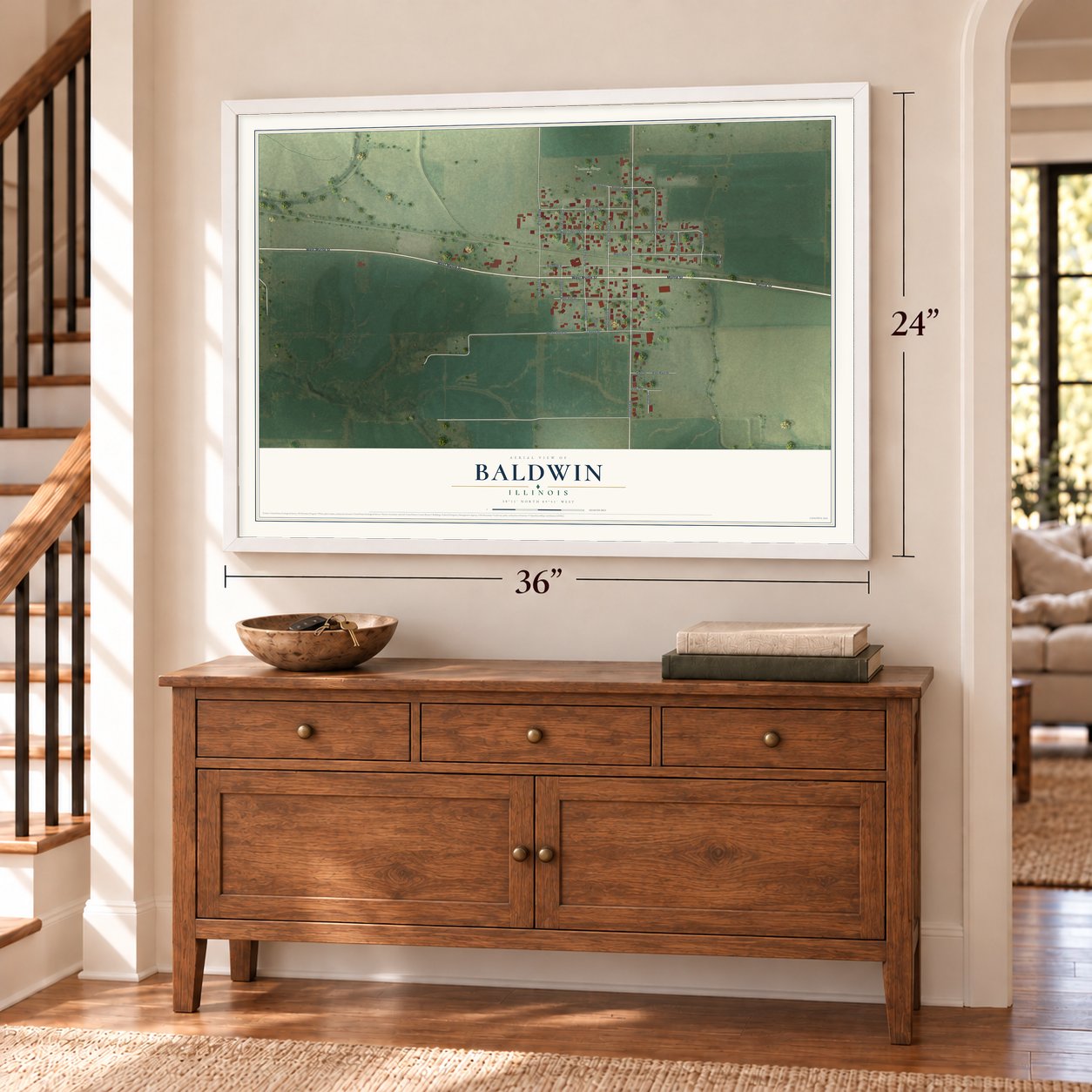Baldwin, Illinois map, 24 x 36 inch print in a white frame above a dresser by a staircase