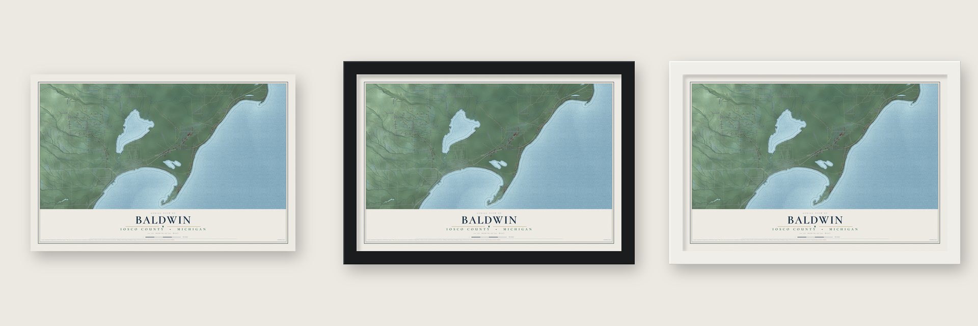 Baldwin, Iosco County, Michigan map unframed, in a black wood frame and in a white wood frame