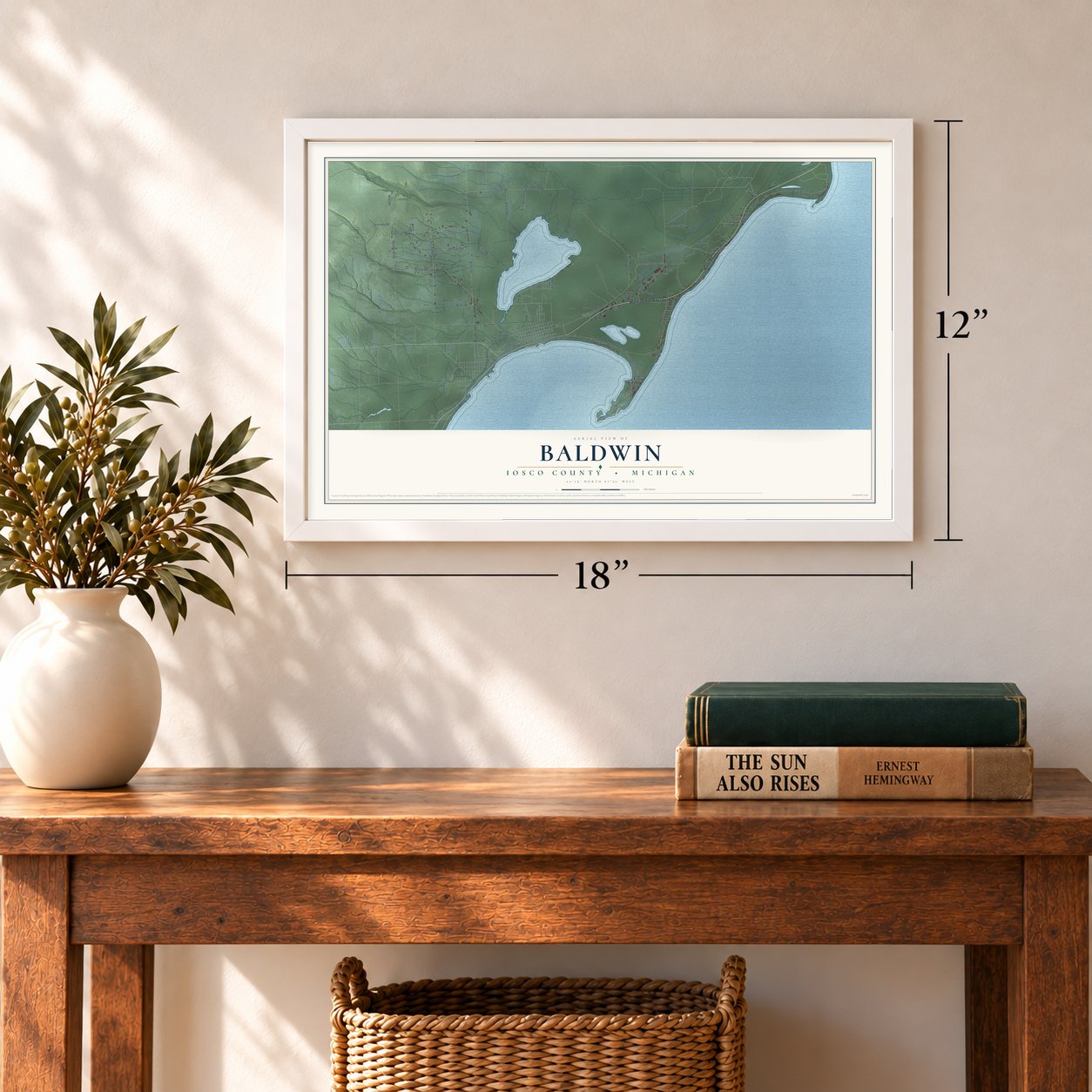 Baldwin, Iosco County, Michigan map, 12 x 18 inch print in a white frame in an entryway