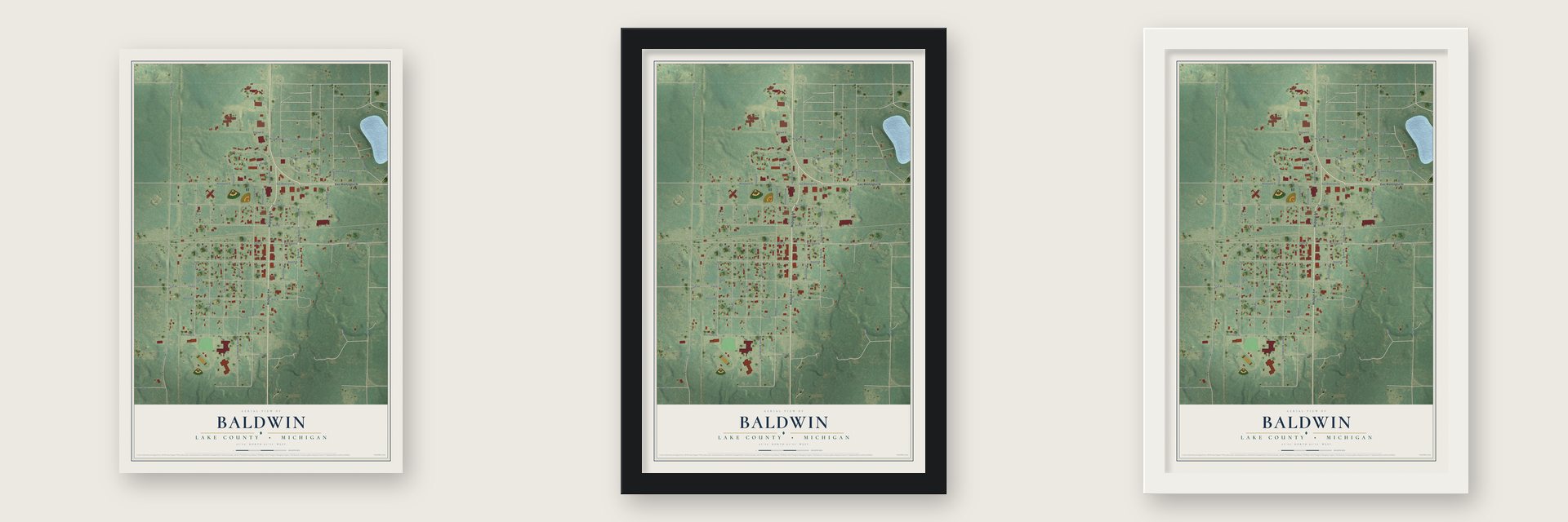 Baldwin, Lake County, Michigan map unframed, in a black wood frame and in a white wood frame