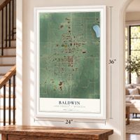 Baldwin, Lake County, Michigan map, 24 x 36 inch print in a white frame by a staircase