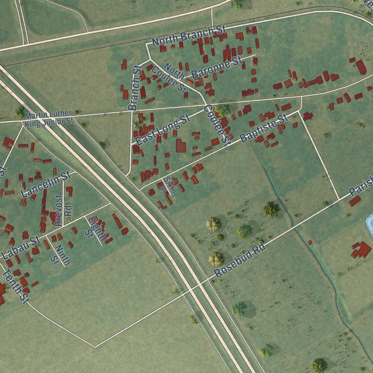 Second close-up of the map of Baldwin, Louisiana print showing more streets and buildings