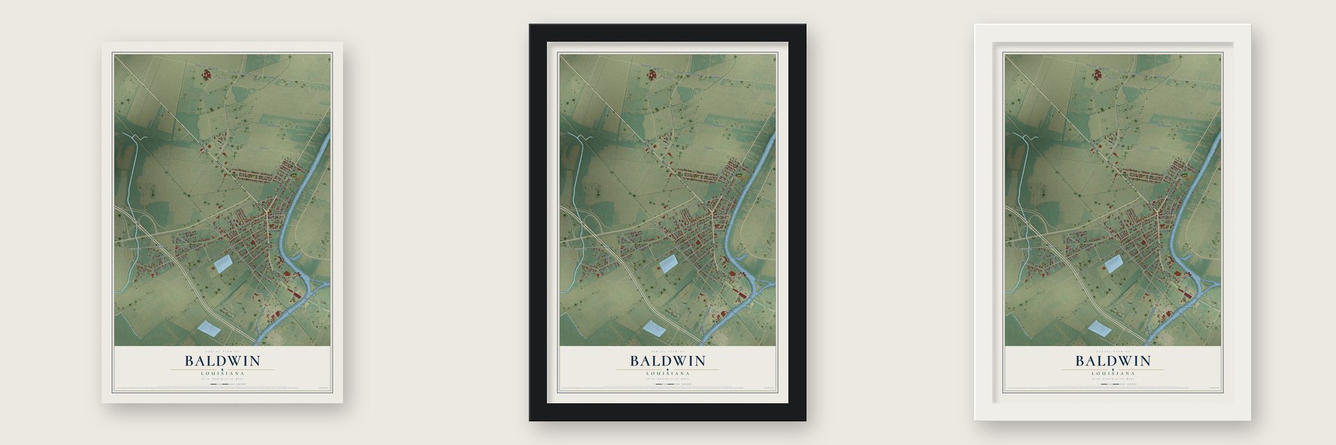 Baldwin, Louisiana map unframed, in a black wood frame and in a white wood frame