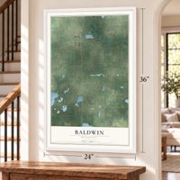 Baldwin, Minnesota map, 24 x 36 inch print in a white frame by a staircase