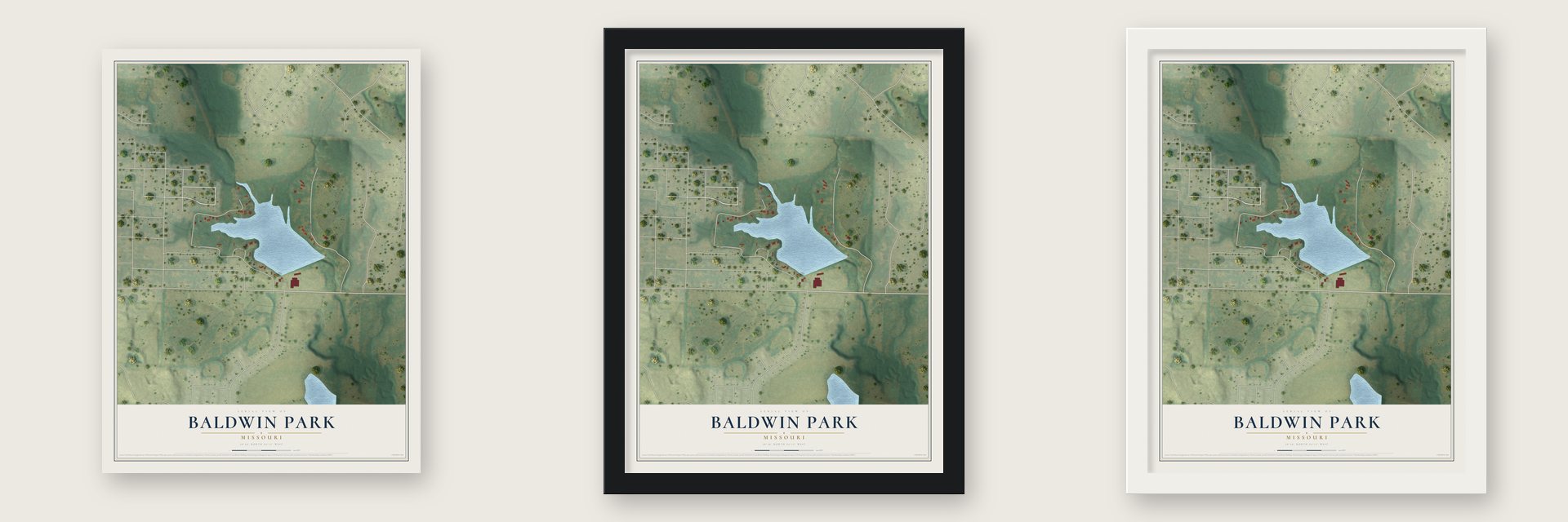 Baldwin Park, Missouri map unframed, in a black wood frame and in a white wood frame