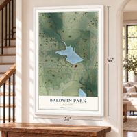 Baldwin Park, Missouri map, 24 x 36 inch print in a white frame by a staircase
