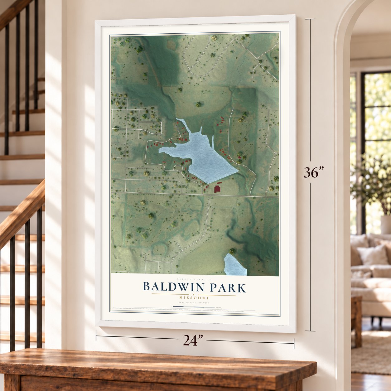 Baldwin Park, Missouri map, 24 x 36 inch print in a white frame by a staircase