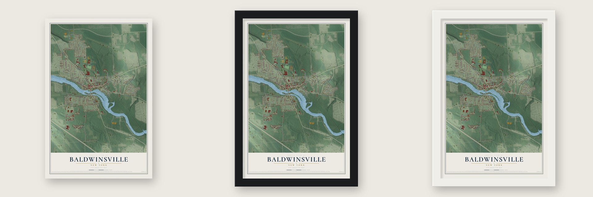 Baldwinsville, New York map unframed, in a black wood frame and in a white wood frame