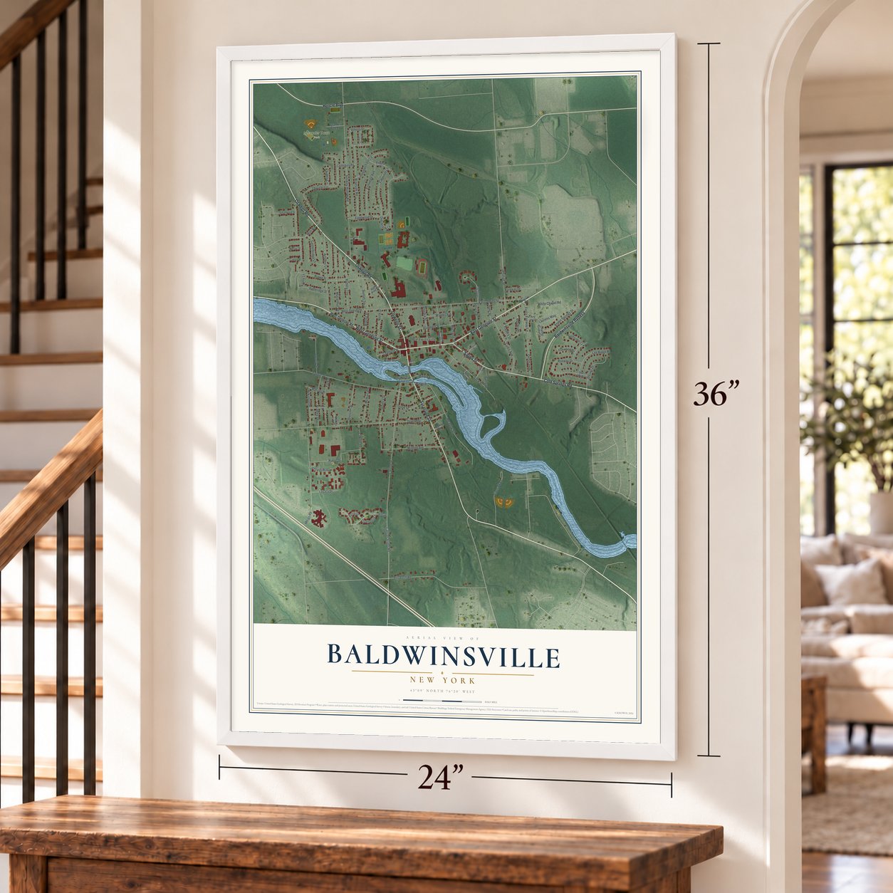 Baldwinsville, New York map, 24 x 36 inch print in a white frame by a staircase