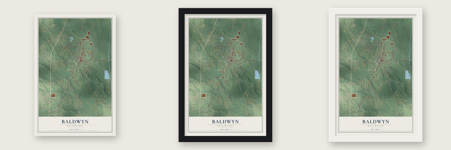 Baldwyn, Mississippi map unframed, in a black wood frame and in a white wood frame