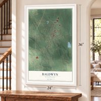 Baldwyn, Mississippi map, 24 x 36 inch print in a white frame by a staircase