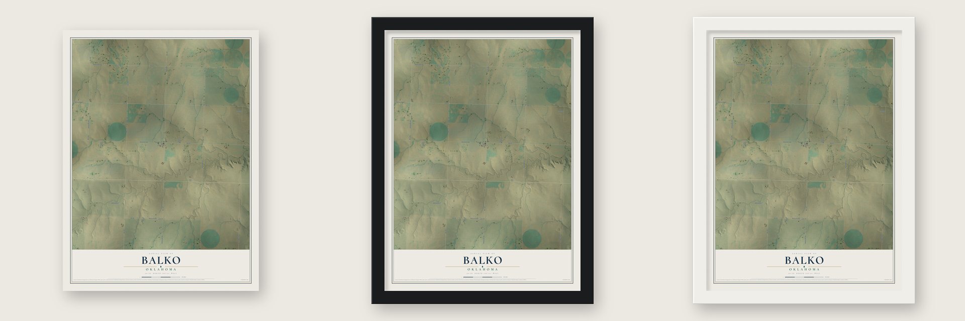Balko, Oklahoma map unframed, in a black wood frame and in a white wood frame