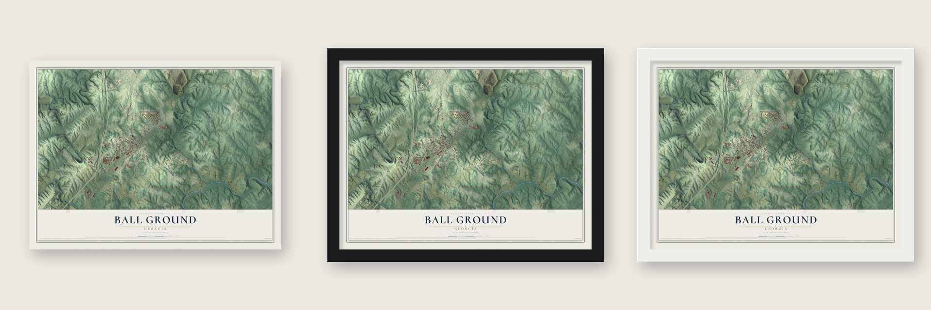 Ball Ground, Georgia map unframed, in a black wood frame and in a white wood frame