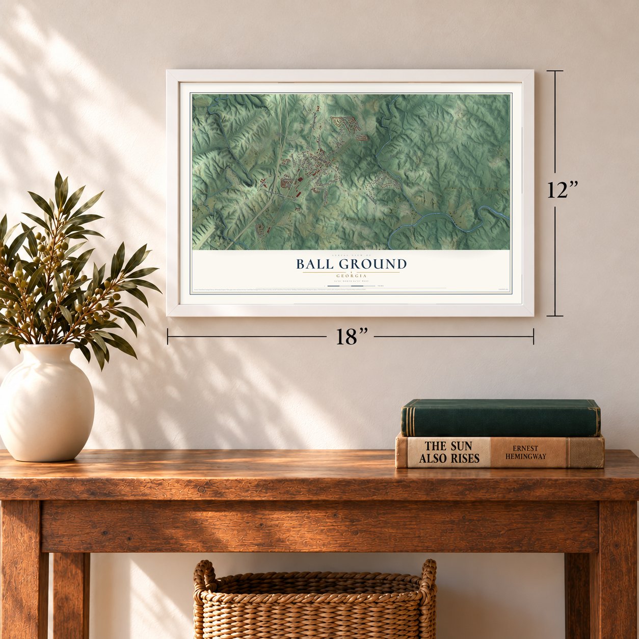 Ball Ground, Georgia map, 12 x 18 inch print in a white frame in an entryway